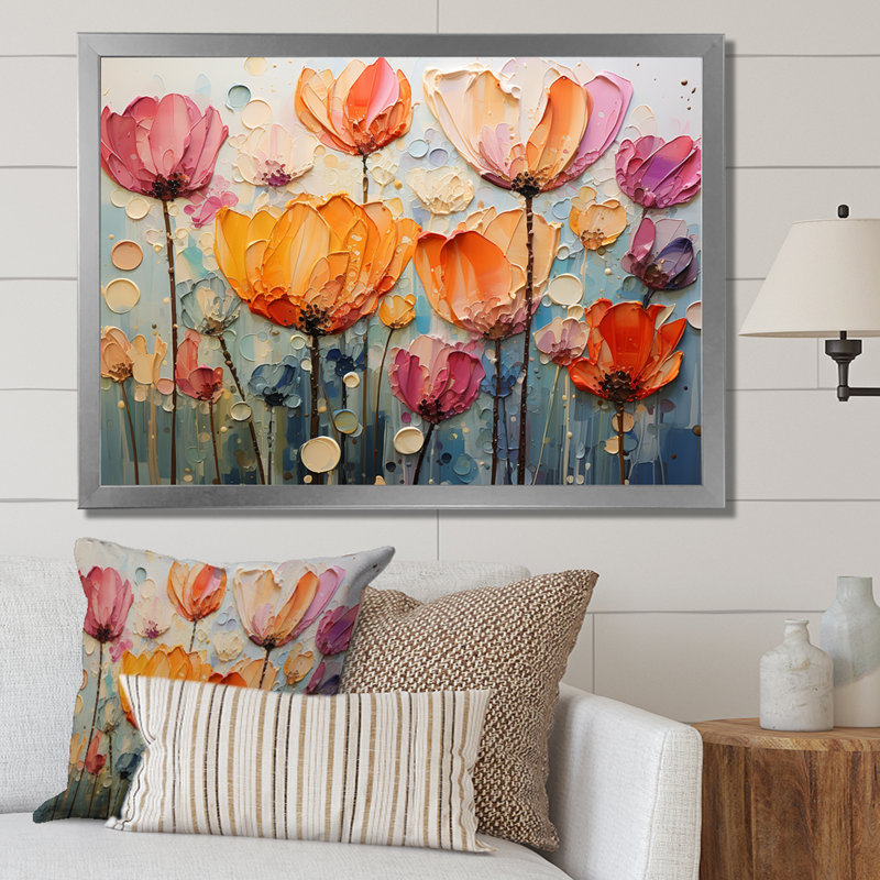 Collage de tulipes jaunes et rouges sur toile, Cadre simple argenté, H 12 po x l 20 po x P 1 po