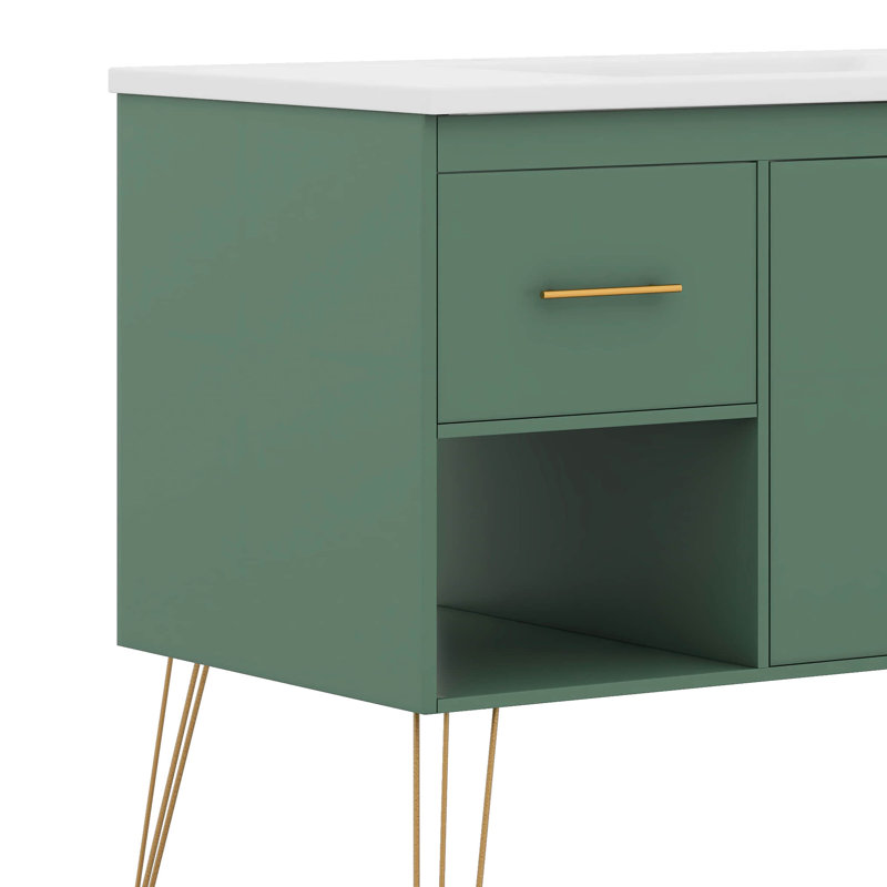 Meuble-lavabo moderne 36 po, armoire autoportante avec pieds en métal doré, 2 tiroirs et 2 compartiments de rangement ouverts