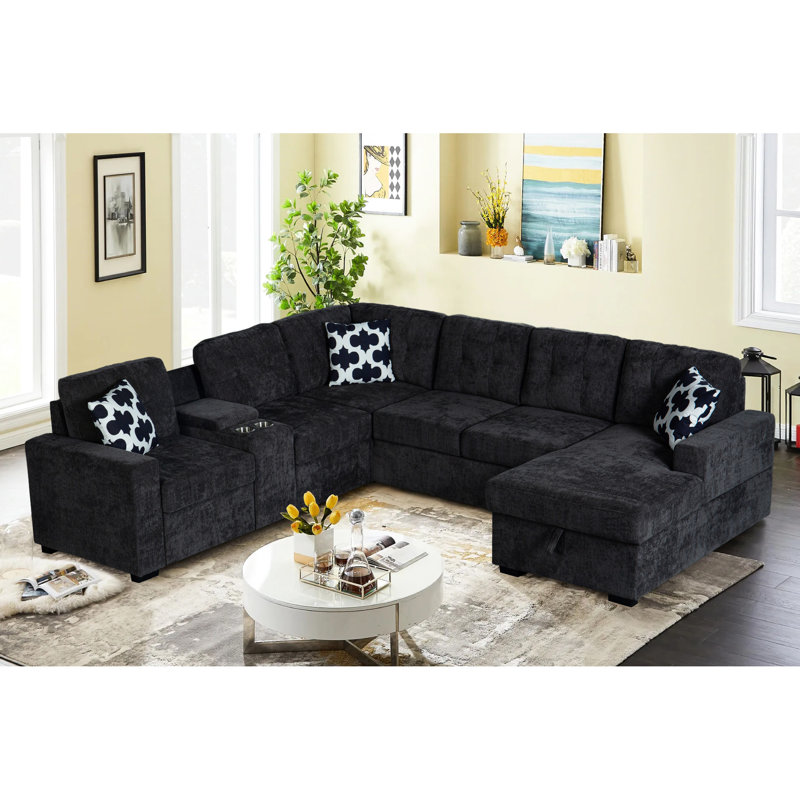 Canapé modulaire 3 places avec méridienne réversible, repose-pieds avec rangement, pieds en métal et clous en cuivre, deux coussins blancs, noir (102 po x 76 po x 35 po)