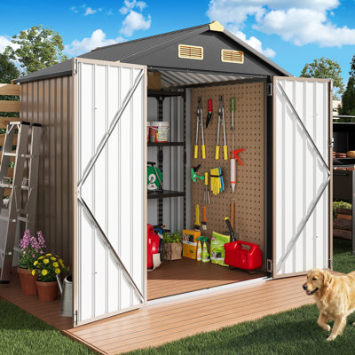 Metal Storage Shed with Lockable Double Doors and Breathable Vents, 5.7 ft W x 5.7 ft D Garden Shed for Patio, Poolside, Brown
