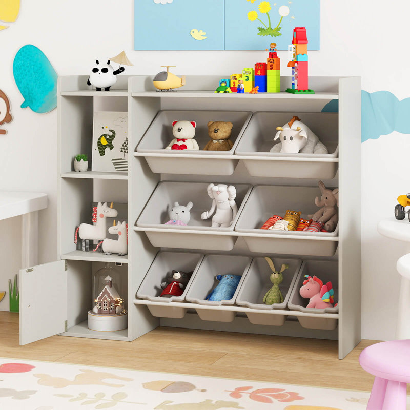 Bibliothèque et rangement pour jouets pour enfants, bibliothèque en bois avec 4 petites boîtes et 4 grandes boîtes grises