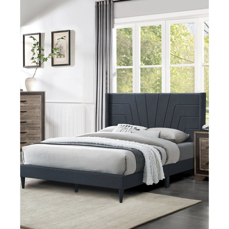 Lit plateforme contemporain de grande taille avec tête de lit en toile de jute de couleur gris anthracite contemporain