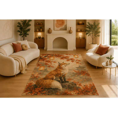 "Ultra Lightweight" 5'x7' Autumn Fox Japanese Garden Area Rug, Soft Low Pile Indoor Rug with Non-Slip Silicone Backing for Living Room, Bedroom, Dining Room & Office, Rust Orange