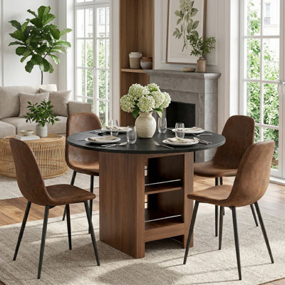42" Round Dining Set With 2-Tier Storage Base, 5-Piece Two-Tone Kitchen Table And Chairs For 4, Black Wood Grain & Walnut Manufactured Wood Table With 4 Brown Faux Suede Chairs