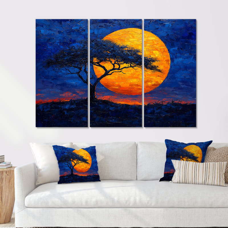 Silhouette de Serengeti jaune, arbre africain, ensemble de salon art mural africain, Métal métal, H 32 po x l 48 po x P 1 po