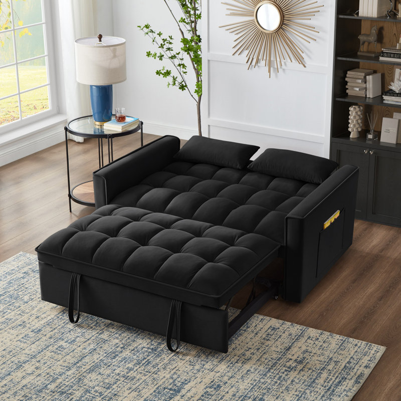 Convertible Sofa Bed with Arm Storage Pockets, Black Velvet