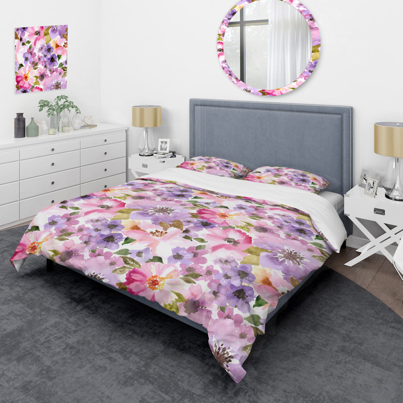 Fleurs mauves et feuille verte - ensemble de housse de couette floral - microfibre de polyester