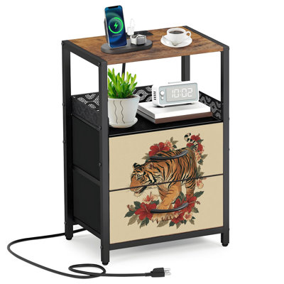 Table de chevet à 2 tiroirs en tissu avec station de charge avec fleurs et hibiscus tigré vintage