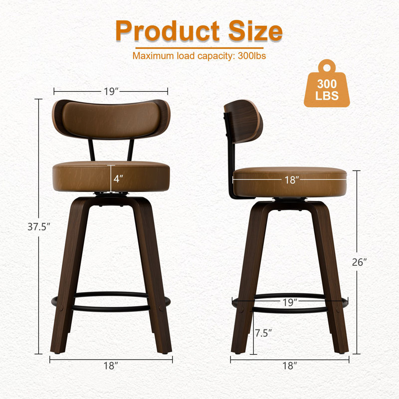 Swivel Counter Height Bar Stools Set of 4, Faux Leather Kitchen Stools Upholstered Barstools with Back, Walnut Wood Legs, Mid Century Island Chairs Counter Stools, 26" Seat Height