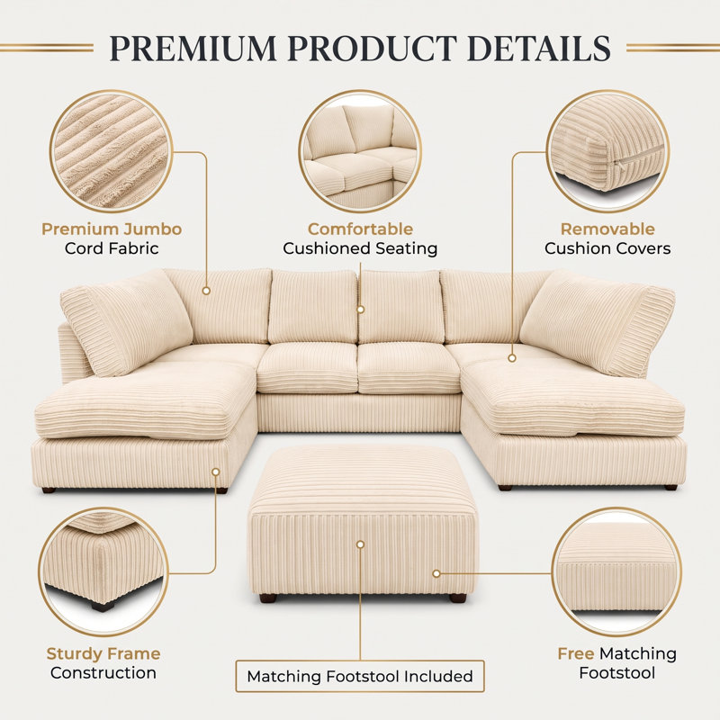 7 Seater Corduroy Sofa Bed, Cream