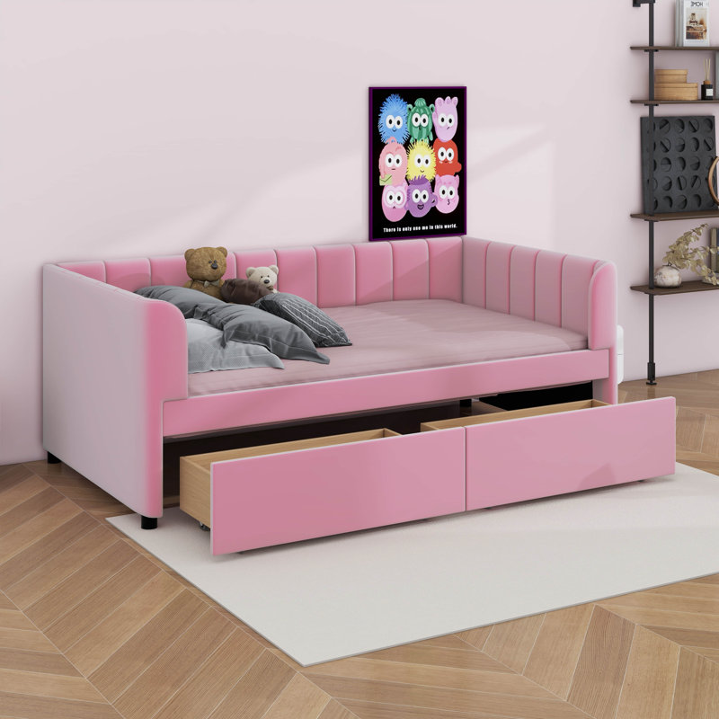 Lit de jour simple tapissier avec tiroirs, Rose