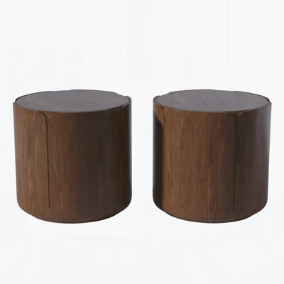 19.29" Round Outdoor Indoor Side Table Set, Modern Wood Grain Patio Garden Stool Set, Sturdy Magnesium Oxide Waterproof,Set of 2