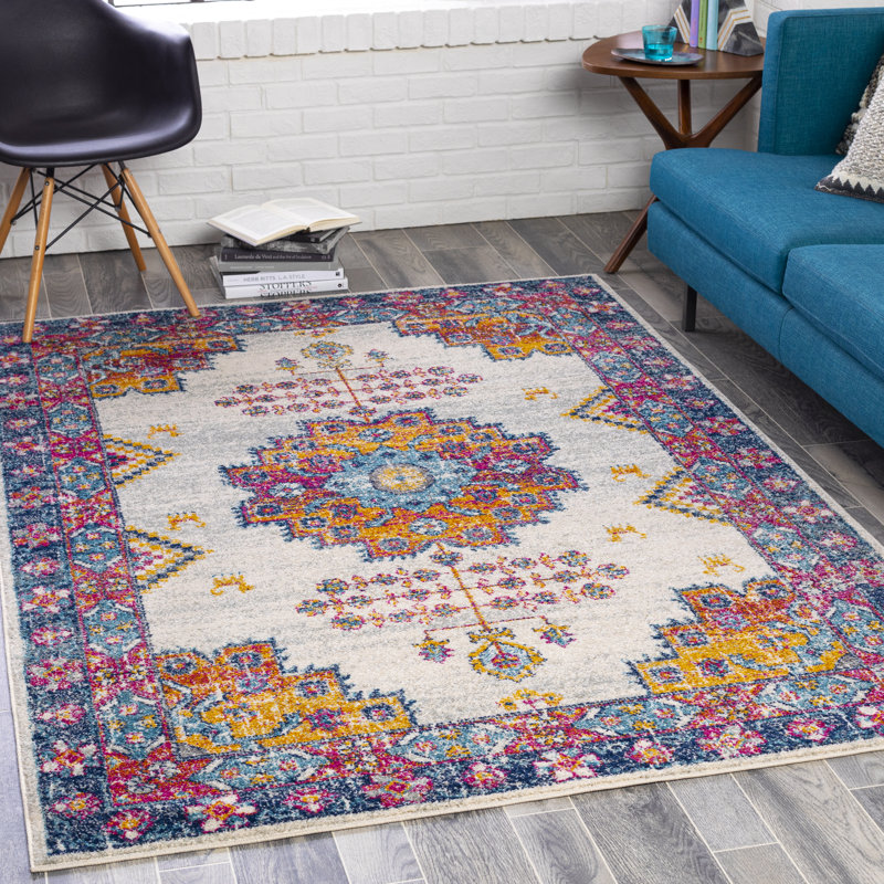 Tapis oriental bleu / rose Adeliza, Tapis de couloir 2 pi 7 po x 7 pi 6 po