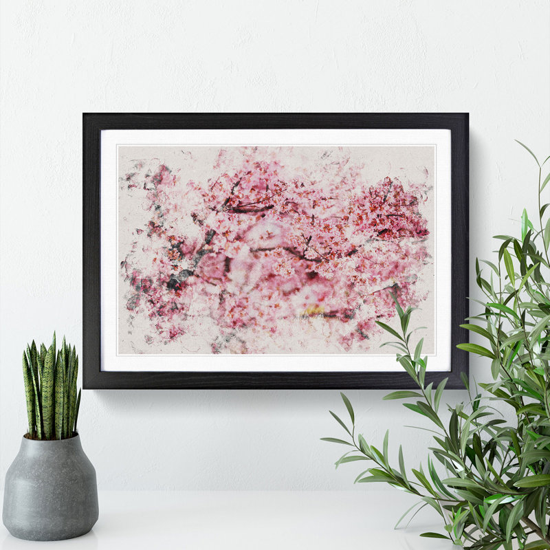 Pink Cherry Blossom Flowers Vol.3 - Picture Frame Graphic Art on MDF, 27cm H x 36cm W x 2cm D, Black Framed