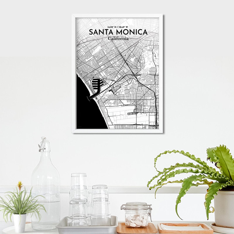 Santa Monica, carte de la ville, impression, H 24 po x l 18 po, Noir et blanc