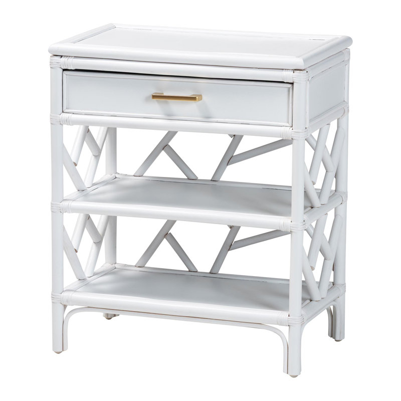 Bali & Pari Daina Natural Rattan Nightstand With Drawer And Open Shelves– Coastal Bedside Table With Geometric Design, White