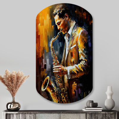 Fawcett Saxophone Player On Stage I - Cylindre musique, art mural en métal, sculpture asymétrique en métal