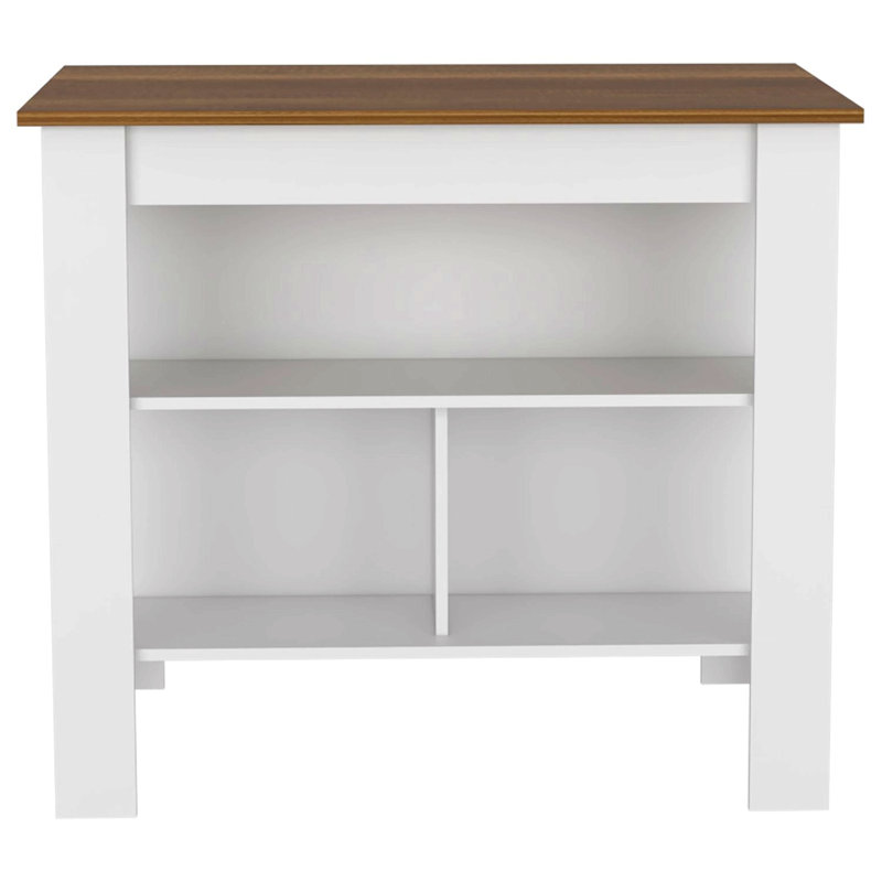 Kitchen Island, Kitchen Table 35" H, Four Legs, Three Open Storage Shelves, White / Walnut