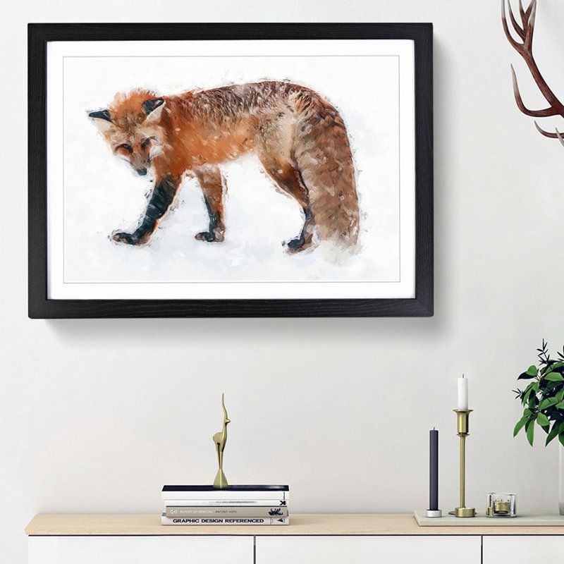 Red Fox in the Winter in Abstract - Picture Frame Painting Print, Black Framed, 27cm H x 36cm W x 2cm D