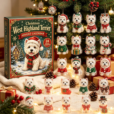 Décorations de Noël Westie dans le calendrier de l'Avent 2026 : 24 jours, adorable Westie White Terrier, ornements en acrylique, calendrier de l'Avent à suspendre, décorations pour chiot