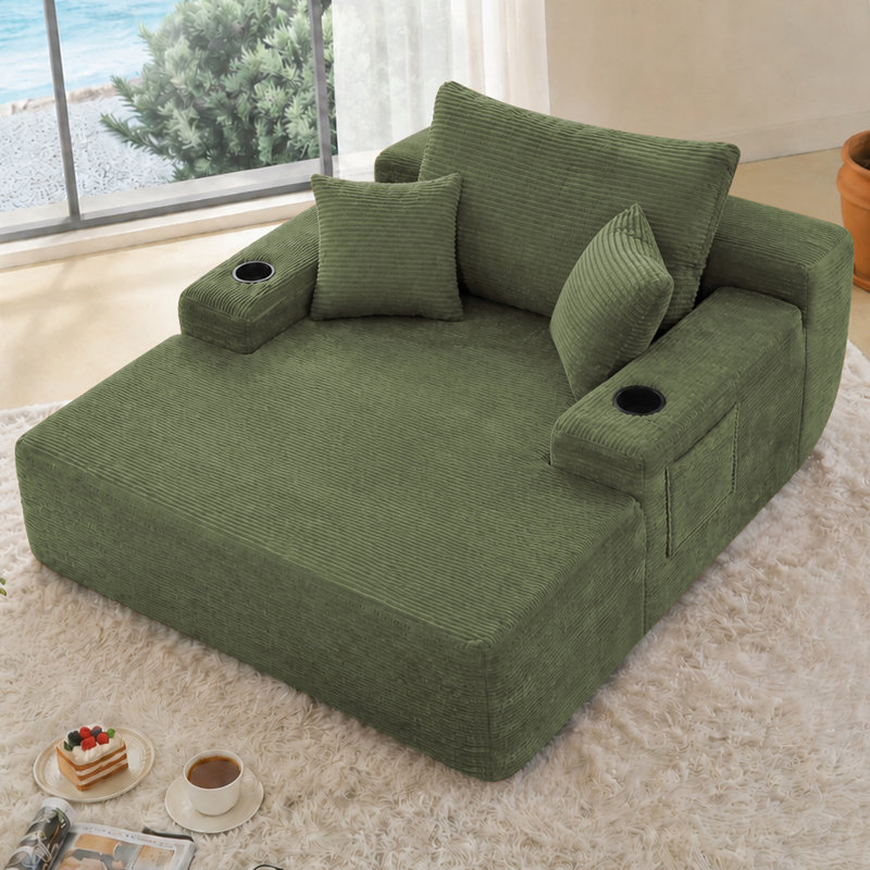 Chaise longue convertible avec large accoudoir et porte-gobelet, canapé-lit en velours côtelé moelleux