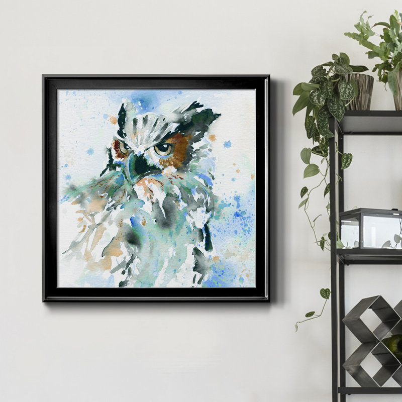 Chouette sur fond bleu - Reproduction d'art sur toile encadrée, Noir, H 17,5 po x l 17,5 po x P 1,5 po