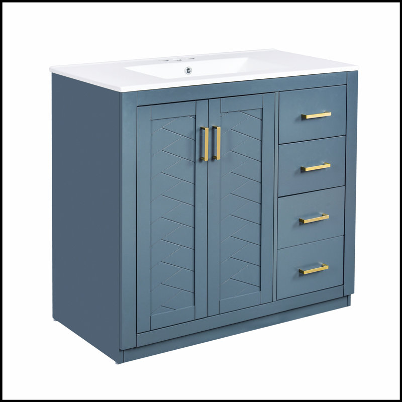 Meuble-lavabo de 36 po avec lavabo en céramique, structure en bois massif, ensemble autoportant avec 3 tiroirs et portes à fermeture douce pour salles de bain modernes et rétro