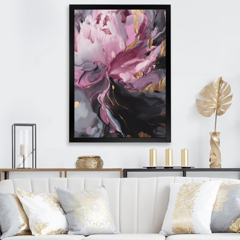 Harmonieux rose gris pivoine fleur III - pivoine florale, art mural sur toile, L 12 po x H 20 po, Cadre photo noir