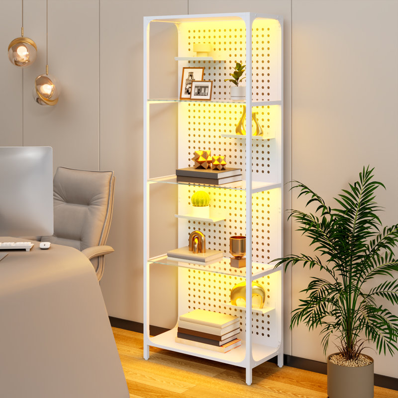 Tablette en verre pour objets de collection, vitrine noire à DEL, grande tablette étroite éclairée à DEL avec panneau perforé, lampe sur pied avec tablette