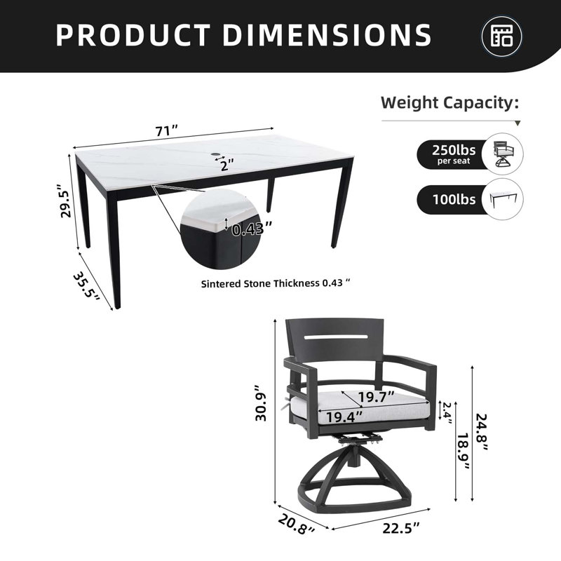 Ensemble de salle à manger d'extérieur en aluminium pour patio 7 pièces Modern, table de salle à manger rectangulaire 35,5 po x 71 po, pierre frittée d'inspiration marbre blanc grec, noir braise, 6 chaises berçantes pivotantes, coussins Sunbrella