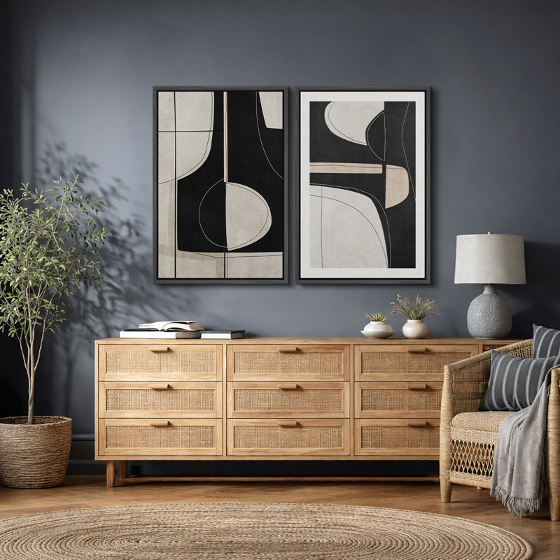 Mid Century Shape "Black Green Abstract Shape Artwork, Classy Minimal Contemporary Neutral Wall Pictures, Framed Canvas Giclée Print 2 Pieces Wall Art" 16x24x2 pcs, 24x36x2 pcs