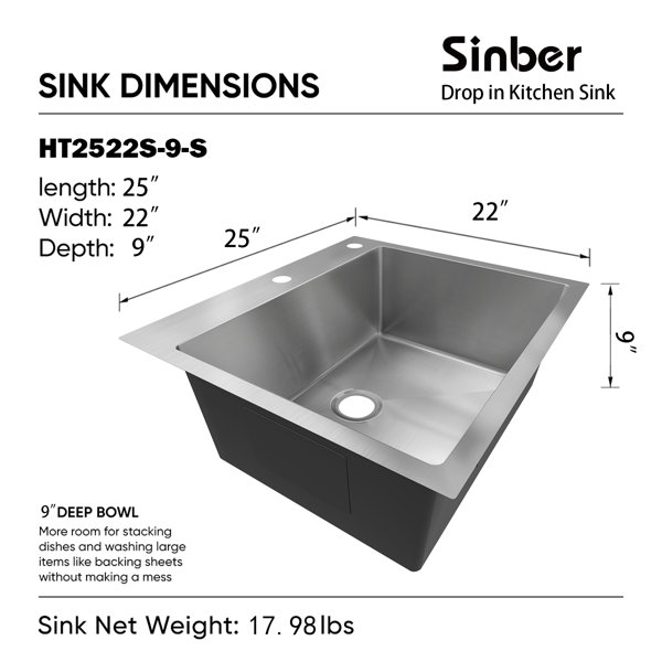 Sinber 25 x 22 Drop In Single Bowl Kitchen Sink with 18 Gauge