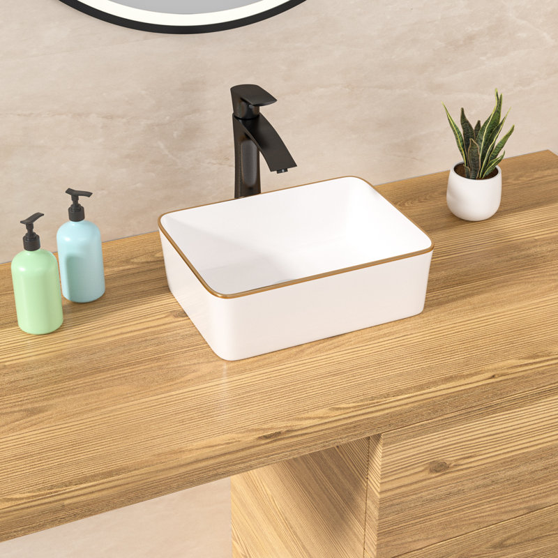 16" x 12'' Bathroom Vessel Sink Above Counter Sink Bathroom Ceramic Sink Rectangular Bathroom Sink, Gold