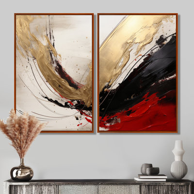 «Midnight Passion Abstract Wave Scarlet & Gold», reproduction d'art sur toile, décoration murale abstraite dorée 2 pièces