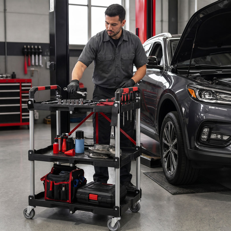 Chariot utilitaire pliable à 3 niveaux avec roues pivotantes et freins, chariot à outils roulant portatif