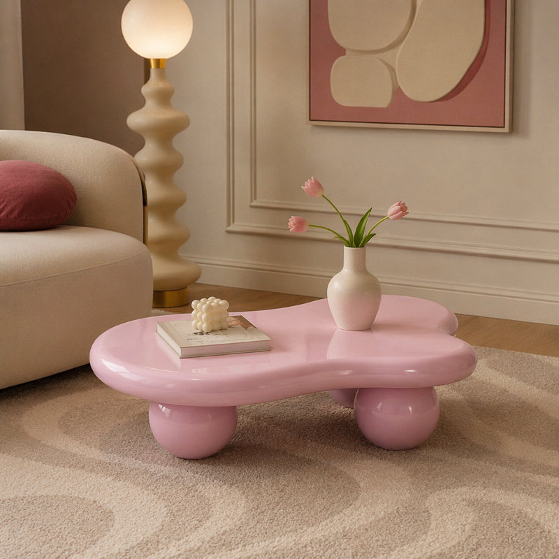 Table basse en forme de nuage, table basse avec 3 pieds sphériques pour le salon, H 11,70 po x L 40 po x l 26,8 po, Rose