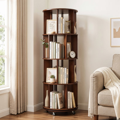 4-Tier Rotating Solid Rubberwood Bookshelf with Lockable Rolling Wheels 52.8"H