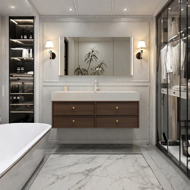 Middle ancient style intelligent bathroom cabinet, H 21,65 po x l 47,24 po x P 21,65 po, Noyer