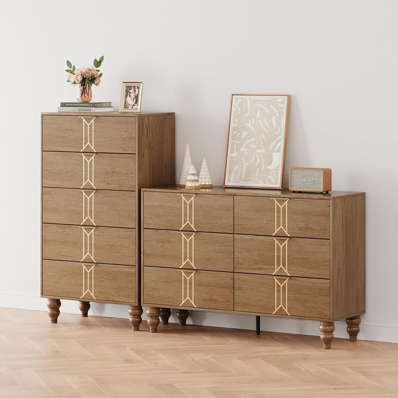 Commode haute 5 tiroirs moderne en bois avec tiroirs profonds, Brun