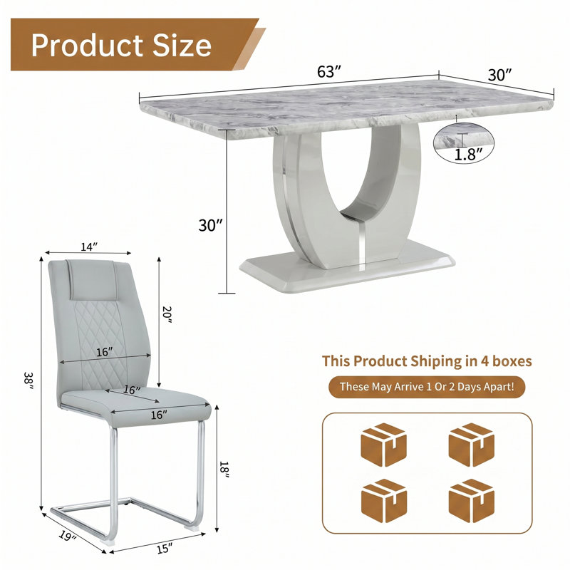 Kimara 5-Piece Modern 63" Rectangular Faux Marble Pedestal Dining Set, Light Gray, 5 Pieces: Table, 4 Chairs