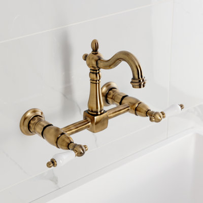 Kingston Brass Heritage Double-Handle 2-Hole Wall-Mount Bridge Kitchen Faucet