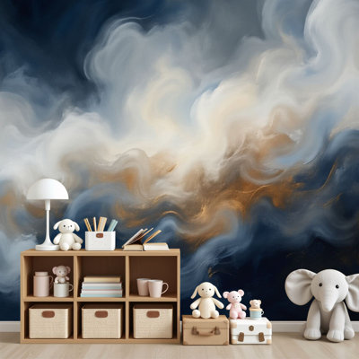Papier peint adhésif pelez et collez Cloudscape abstrait bleu foncé tons chauds ambrés H 100 po x l 144 po papier mural amovible en PVC auto-adhésif pour chambre à coucher salon bureau à domicile