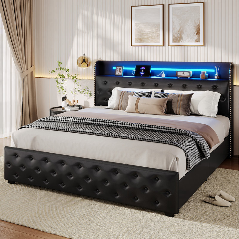 Black 4-Drawer Bed Frame with Lights，Queen Size
