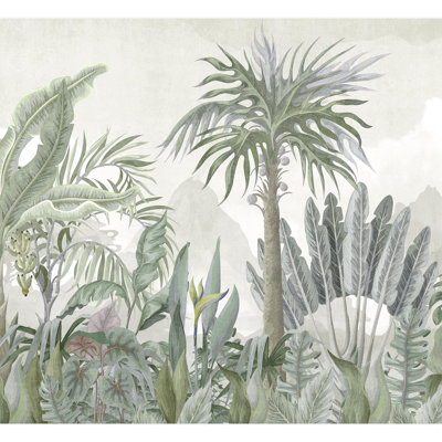 Gris doux Misty Jungle avec des plantes tropicales détaillées