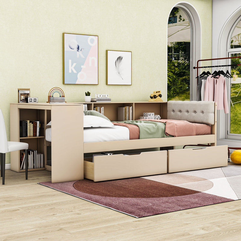 Daybed with Upholstered Headboard, Built-in Desk, Drawers, Shelves and Charging Station, Cream, Twin
