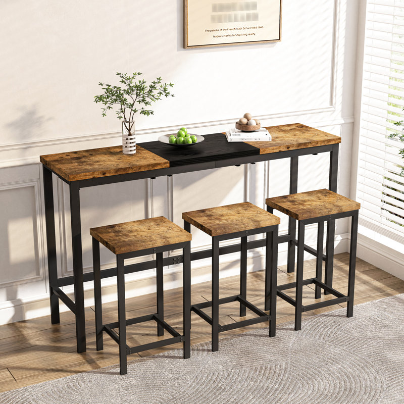 Table de salle à manger polyvalente avec 3 tabourets suspendus, conception de table épissure, panneau et cadre en métal, idéale pour les pizzas