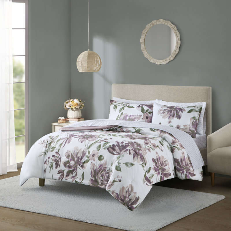 California King Gray Floral Microfiber Bed in a Bag Set