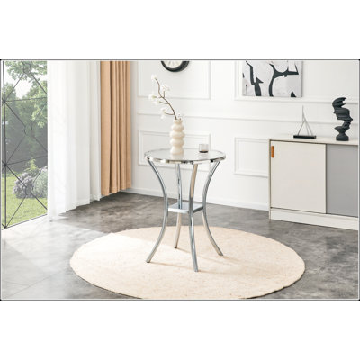 Stainless Steel Wrapped Tempered Glass Top Bar Table with Chrome Plated Base - Double Tier Storage for Dining Room, Negotiation Room, Office, Bar, and Cafe