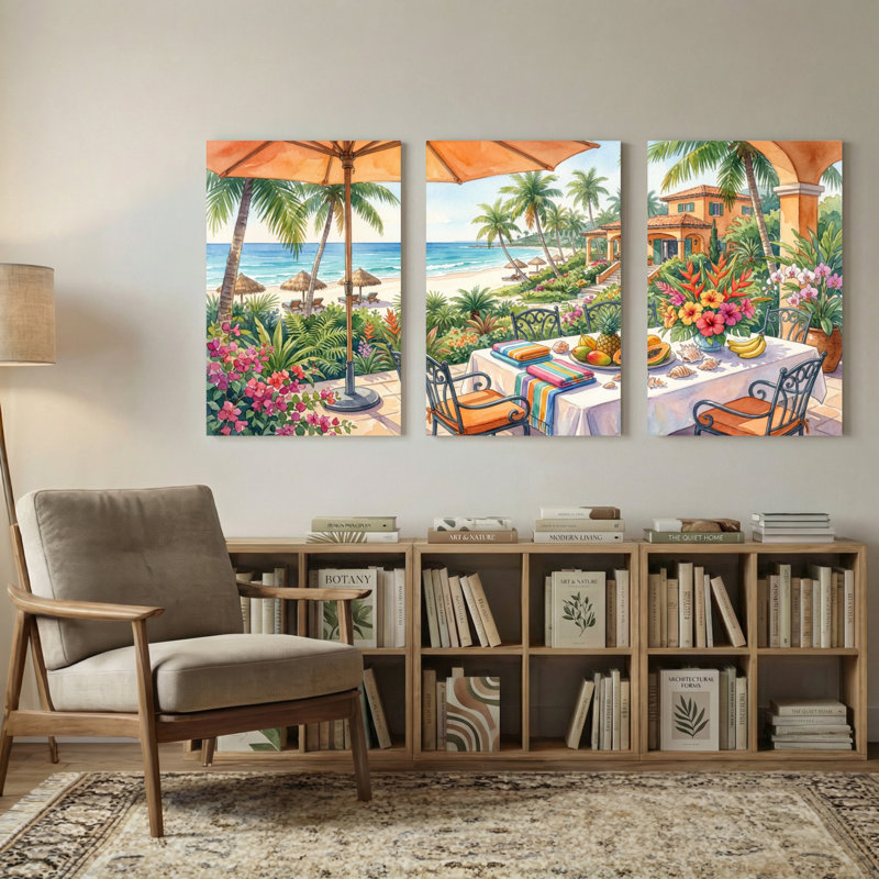 Paysage et nature, plage tropicale avec palmiers, H 18 po x l 36 po