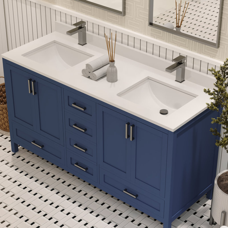 Rooh 60'' Double Bathroom Vanity with White Quartz Top, Navy Blue